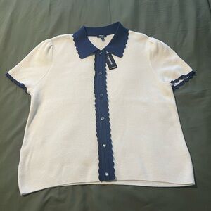 Express Navy and White Scalloped Collar Top